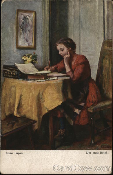 Girl Wearing Orange Dress Seated at Table Writing Children