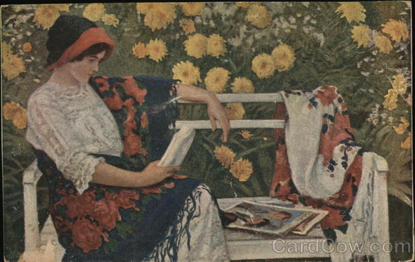 Woman Seated on Bench with Magazines Near Flowers Women