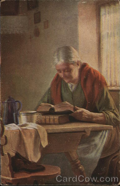 Older Woman Seated at Table Reading Book Women