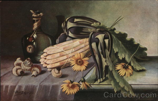 Mushrooms, Eggplants, Wine and Yellow Flowers Still Life