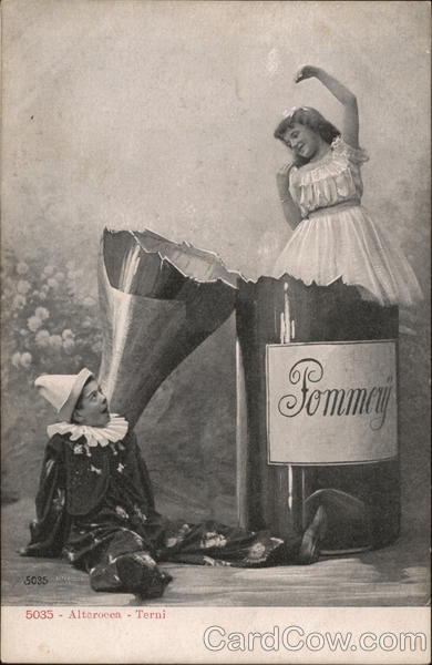 Party Time - Girl in Giant Champagne Bottle and Clown