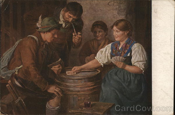 Two Men and Two Women Playing Cards Atop Barrel Card Games