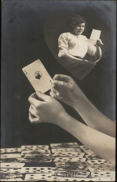 Hands Holding Ace of Hearts, Inset of Woman Reading Letter