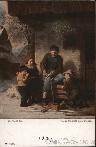 Man Carving Wood While Three Children Watch
