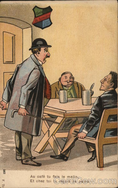 Man Talking to Two Men Seated with Drinks Comic, Funny