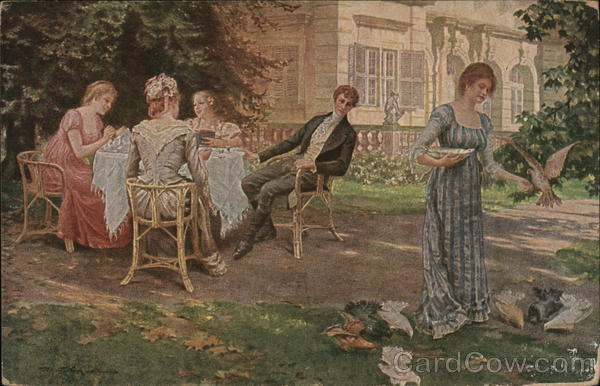 Man at Table with Women Watching Woman Feeding Chickens