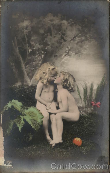 Nude Boy and Girl Kissing Near Tree Children