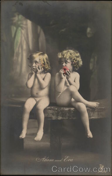 Two Nude Blond Children Seated on Table