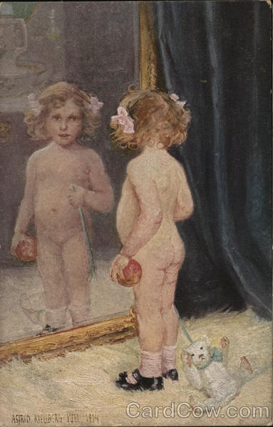Nude Girl with Toy Bear Standing at Mirror Children