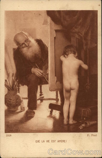 Nude Child Hiding Behind Artist's Canvas Children