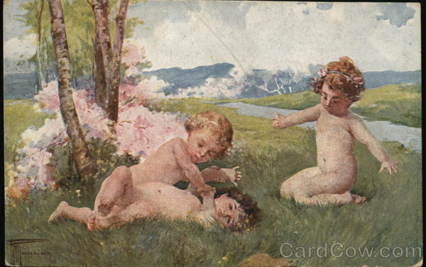 Three Nude Young Children Playing on Grass Near Tree