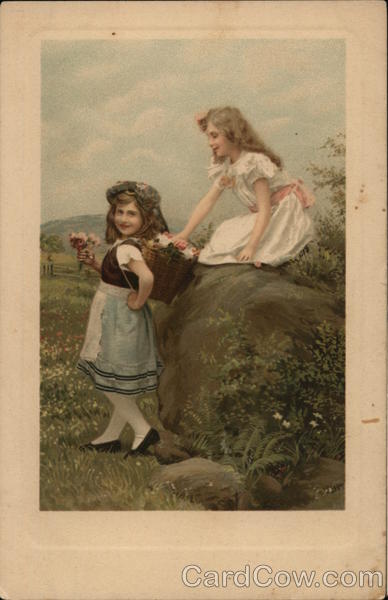 Two Young Girls Playing in Field with Basket of Flowers
