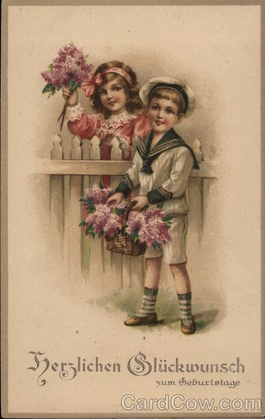 Boy and Girl Standing Near Fence Holding Lilacs Children
