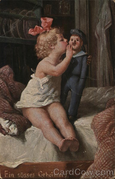 Little Blond Girl in Bed Whispering To Soldier Doll