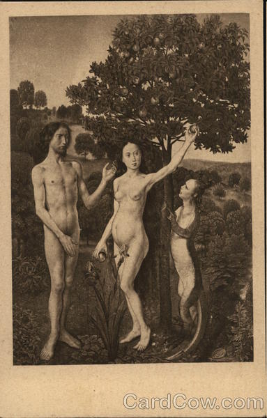 Eve Picking Apple from Tree Near Adam and Human Serpent