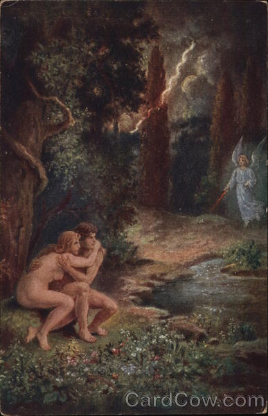 Nude Man and Woman Crouching Together Near Angel Art