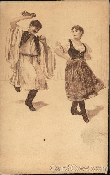 Man and Woman Dancing in Traditional Costumes