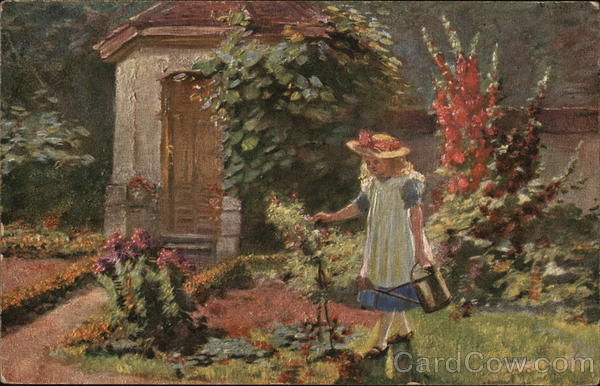 Blond Girl with Blue and White Dress Watering Flowers