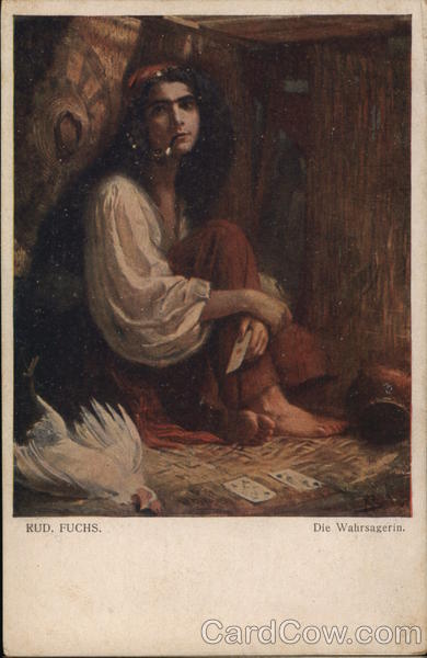 Dark-Haired Gypsy Smoking Pipe Near Cards and Chicken