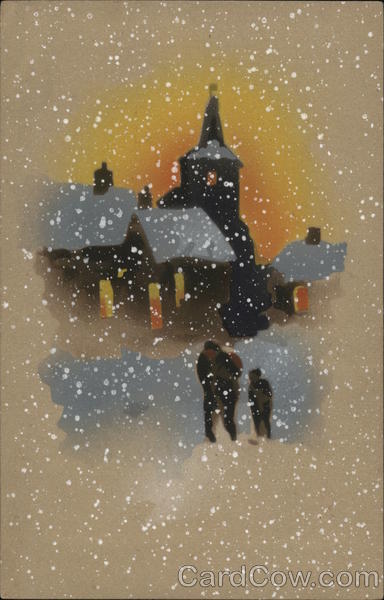 Adult and Child Walking Through Snow Near Church Art