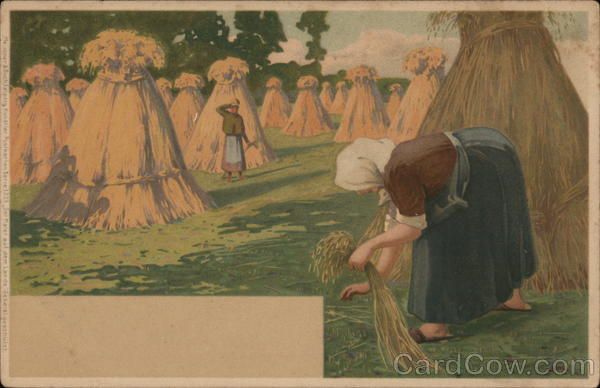 Woman Bent Over Bundling Hay on Farm Farming