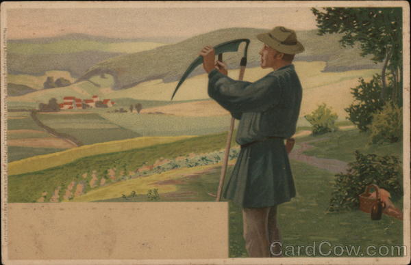 Man with Scythe Standing Near Scenic View of Hills
