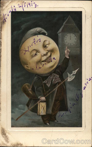 Man with Moon Face Pointing at Clock Moons