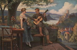 Soldier with Guitar Near Young Woman Holding a Pitcher Postcard