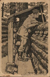 Soldier with Gun Against Wall Made of Logs World War I Postcard Postcard