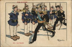 French Officers Marching Past Troops, Bugler Blaring Postcard