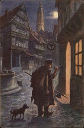 Man on dark street with dog, weapon and horn Postcard