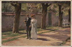 Man and Woman on Street Holding Hands Near Trees Postcard