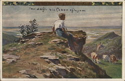 Man on Cliff Overlooking Cows, Hills and Terrain Postcard