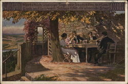 Men and Women Seated at Table, Dining Outdoors Near Tree Postcard