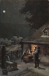 Man and Woman Interacting with Children Outdoors at Night Postcard