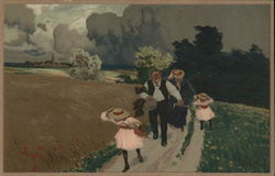 Two Adults and Two Children On Path Holding Onto Hats Postcard
