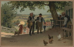 Two Men Talking on Hot Day Near Outdoor Tables Postcard