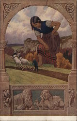 Giant Woman Standing Near Miniature Man Plowing with Horses Postcard