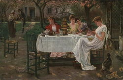 Four Ladies Seated at Outdoor Table, Gentleman Caller Approaching Four Ladies Seated at Outdoor Table, Gentleman Caller Approaching
