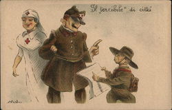 Nurse with Soldier Who is Addressing Uniformed Messenger, Boy Scout? Postcard