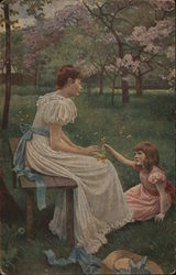 Little Girl Handing Flowers to Woman Seated on Bench Little Girl Handing Flowers to Woman Seated on Bench