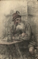 White-Bearded Man at Table with Pipe and Beer Stein Postcard