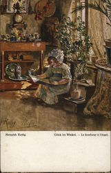 Little Girl with Book Near Plant, Window Children Postcard Postcard