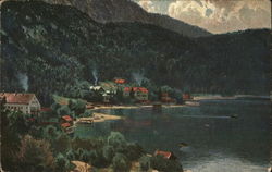 Harbor with Houses Nestled Near Tree-Covered Mountains Postcard