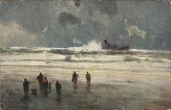 People Standing Near Water, Ship in the Distance Postcard