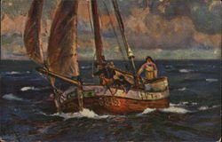 Men in Small Sail Boat at Sea Men in Small Sail Boat at Sea