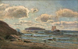 Ship with Sails In Distance Beneath Blue Sky, White Clouds Postcard