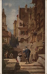Street Scene of Postman Handing Letter to Woman Postcard