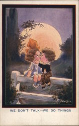 Boy and Girl Caricatures Kissing on Fence with Full Moon Boy and Girl Caricatures Kissing on Fence with Full Moon