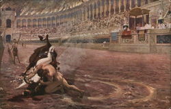 Nude Man Wrestling Bull in Crowded Arena Postcard